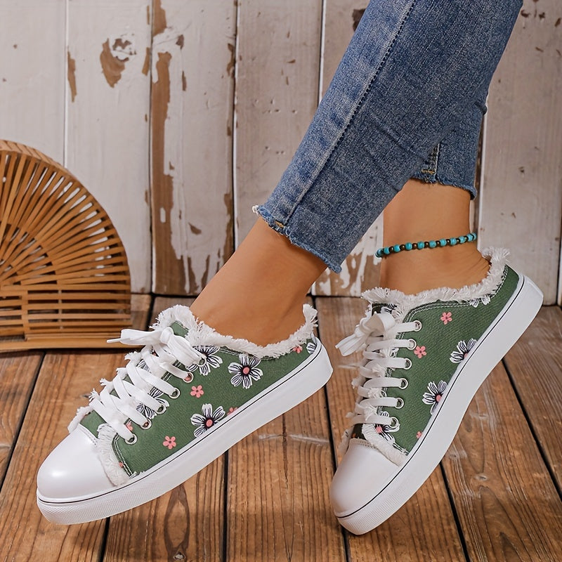 Floral Print Lace Up Canvas Shoes Round Toe Casual Skate Shoes