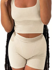 2pcs Sleeveless Crop Top & High Waist Shorts Set for Yoga Workout
