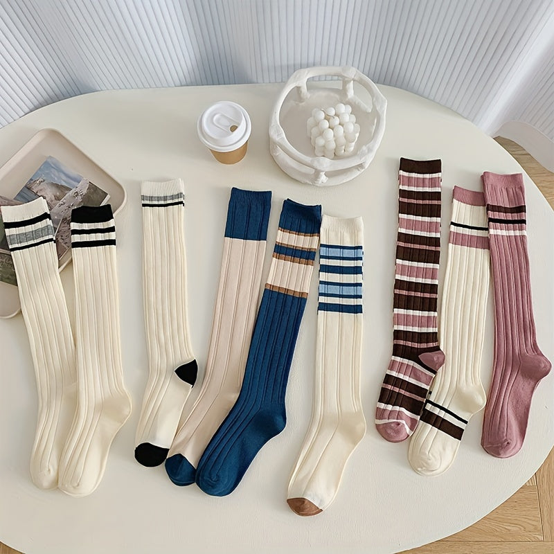 Colorblock Striped Calf Socks All match Knee High Socks Women's Stockings