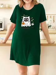 Halloween Dress Cat Ghost & Pumpkin Print Round Neck Nightdress