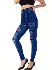 Denim & Ripped Print Leggings Casual Skinny Stretchy High Waist Leggings