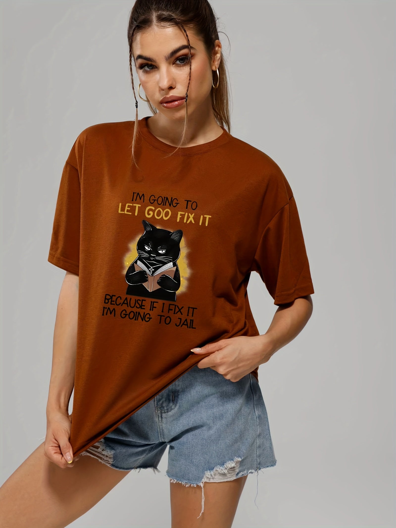 Cat Graphic Tee Summer Round Neck Casual T-shirt