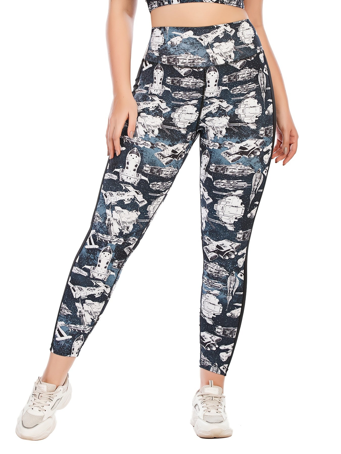 Colorblock Spaceship Print Yoga Sports Leggings Plus Size