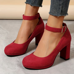 Red Block Heels Buckle Strap Pumps