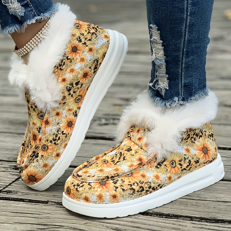 Sunflower & Leopard Print Plush Lined Furry Boat Shoes