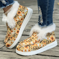 Sunflower & Leopard Print Plush Lined Furry Boat Shoes