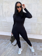 Solid Turtleneck Long Sleeve Jumpsuit Skinny Casual Long Length Women's Clothing