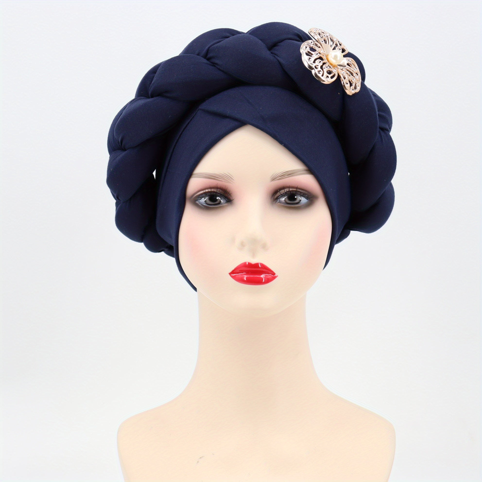 Oversized Braided Turban Cap Faux Pearl Flower Decor Head Wrap