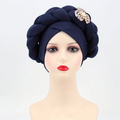Oversized Braided Turban Cap Faux Pearl Flower Decor Head Wrap