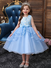 Girls Princess Dress Sleeveless Flower Embroidery Mesh Tutu Dress