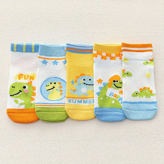 5Pairs Boys Dinosaur Pattern Ankle Socks Mesh Breathable Spring Autumn Summer