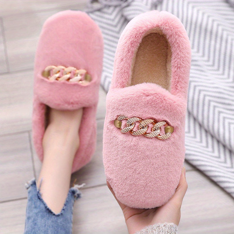 Women's Plush Chain Decor Slip On Slippers