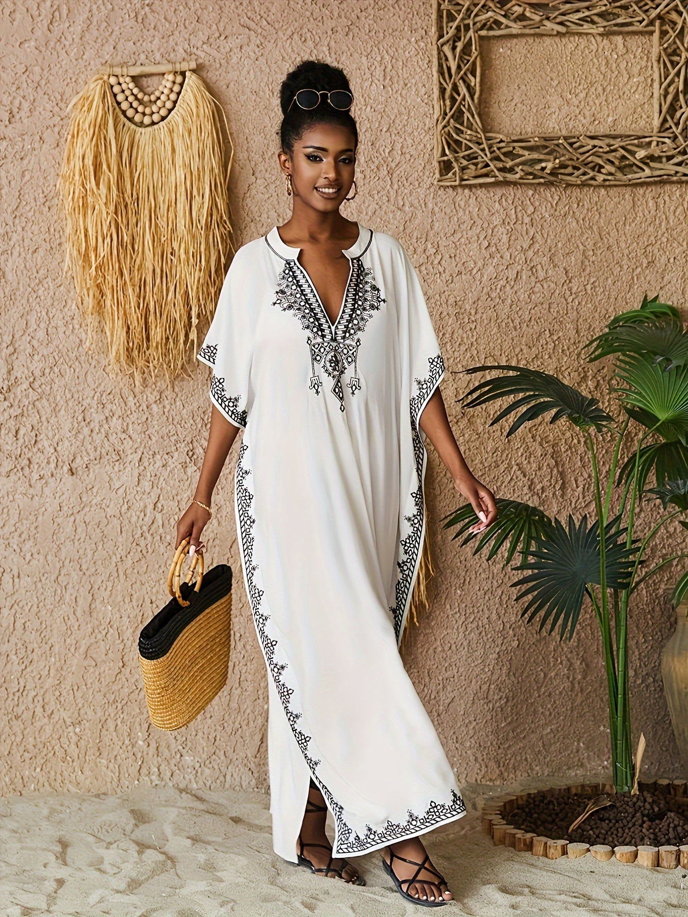 Floral Embroidered Batwing Sleeve Maxi Beach Cover Up Dress