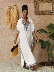 Floral Embroidered Batwing Sleeve Maxi Beach Cover Up Dress