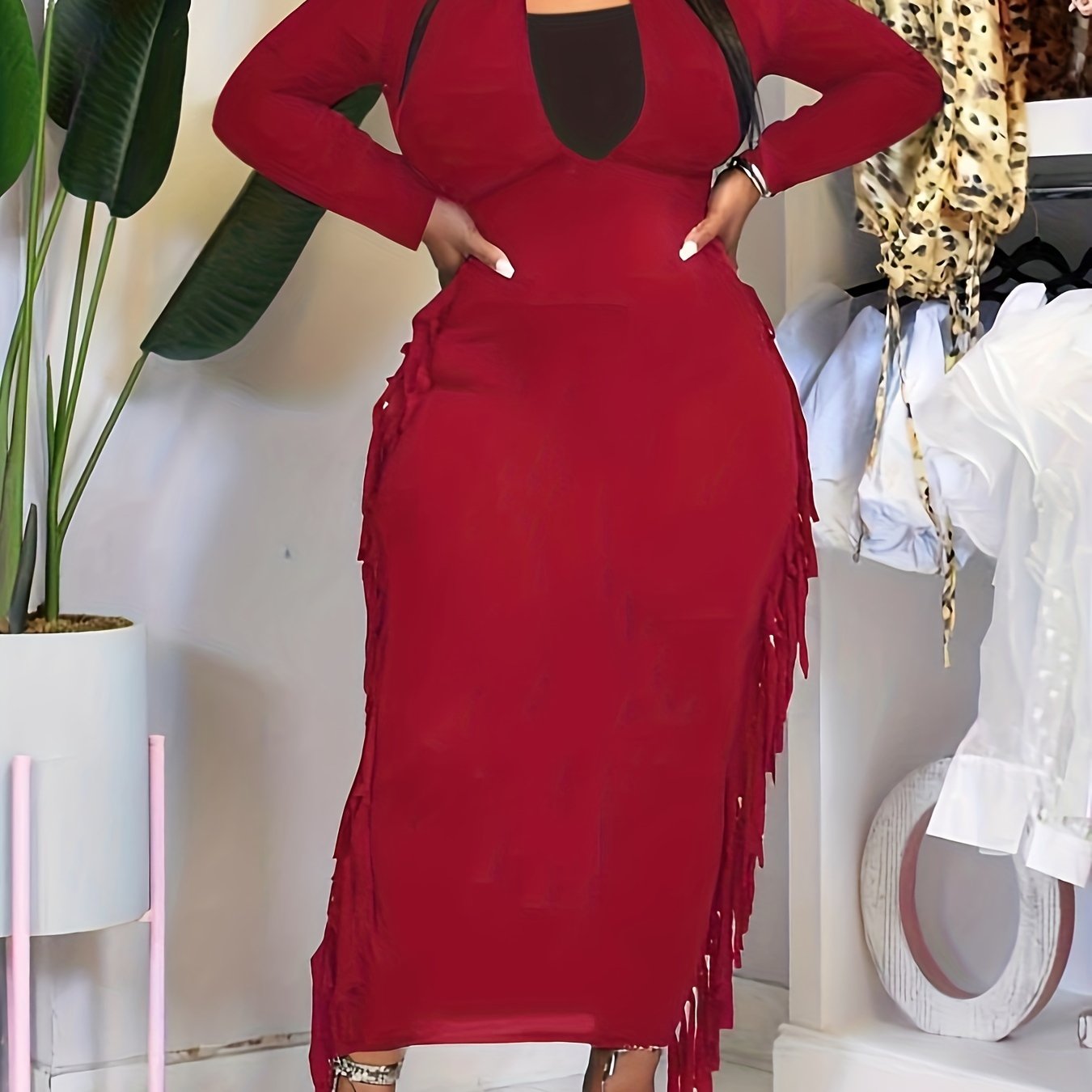 Casual Dress Solid Long Sleeve V Neck Fringe Trim Midi Dress