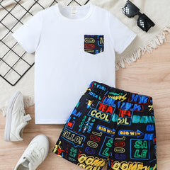 Boys Letter Outfit Shorts & T-shirt Short Sleeves Crew Neck Casual Summer