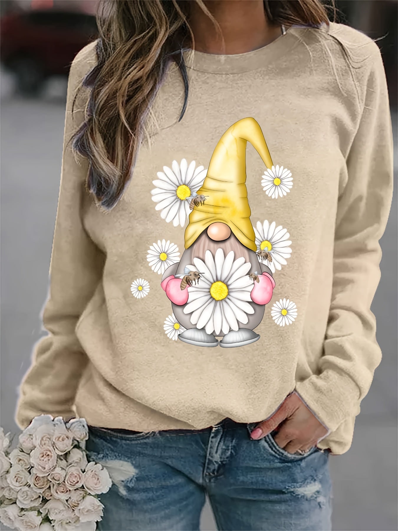 Christmas Daisy Print Crew Neck Sweatshirt