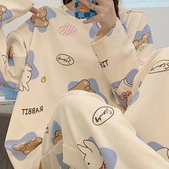 Bear Print Pajama Set Long Sleeve Crew Neck Top & Pants