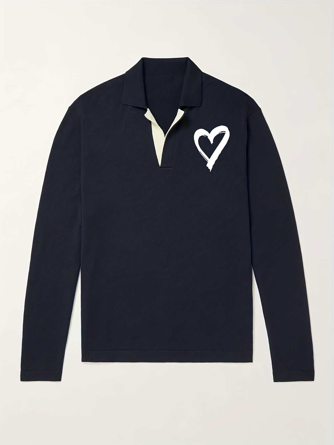 Heart Pattern Knit Polo Shirt Men's Casual Lapel Middle Stretch V Neck Pullover