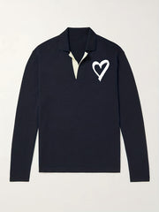 Heart Pattern Knit Polo Shirt Men's Casual Lapel Middle Stretch V Neck Pullover