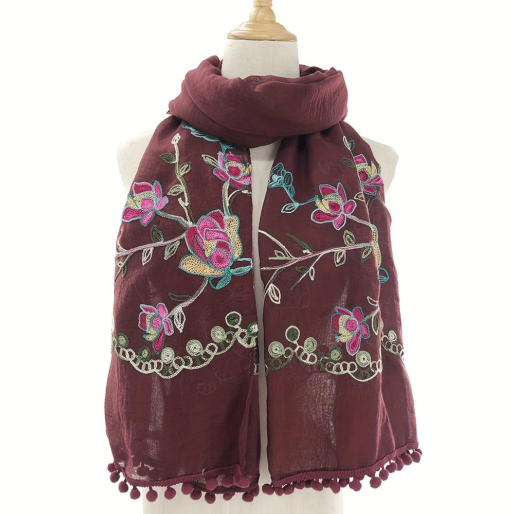 Vintage Flower Embroidery Scarf Boho Shawl Windproof Wrap