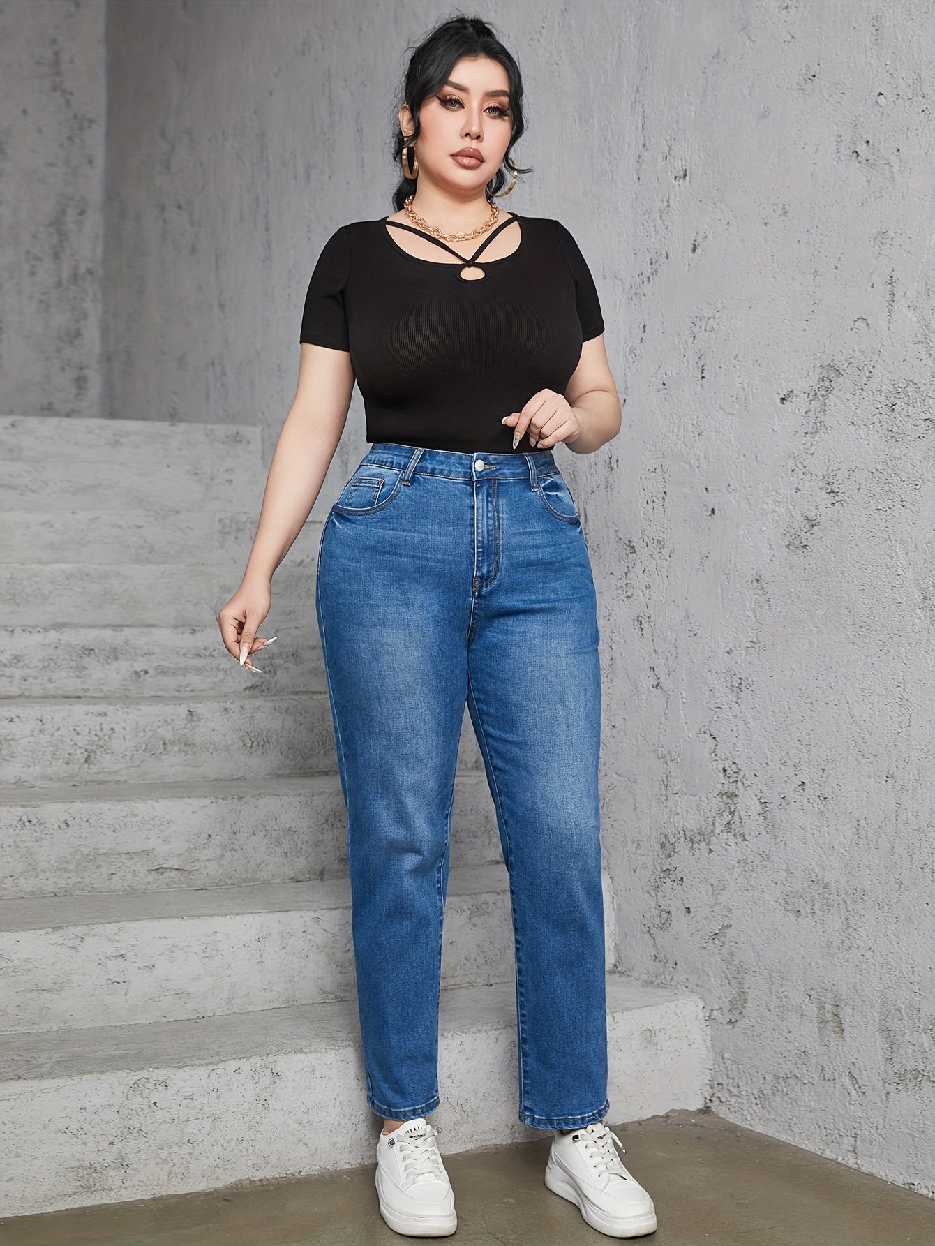 Button Fly High Rise Tapered Leg Jeans