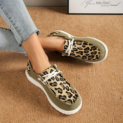 Leopard Printed Canvas Lace Up Loafers Low Top Sneakers