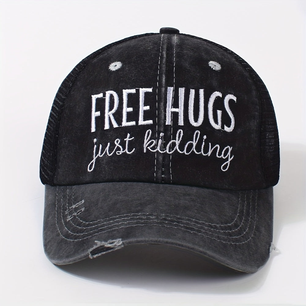 Ripped Ponytail Trucker Hat Hugs Embroidery Mesh Breathable Baseball Cap