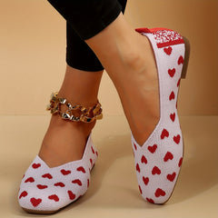 Women's Heart Pattern Flats Square Toe Knitted Slip On Shoes