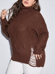 Casual Sweater Jacquard Ripped Turtle Neck Long Sleeve Sweater