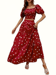 Polka Dot Print Shirred Puff Sleeve Square Neck Crop Top & Skirt Set
