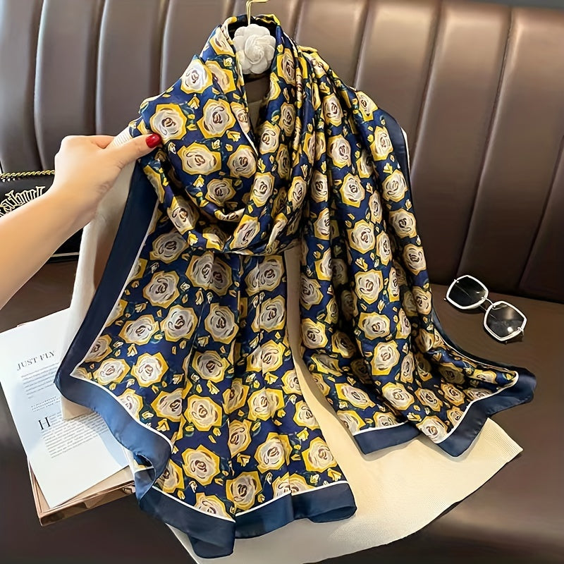 Vintage Camellia Print Silk Scarf Shawl Head Wrap Women Sunscreen