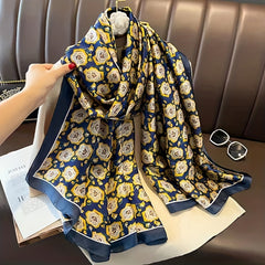 Vintage Camellia Print Silk Scarf Shawl Head Wrap Women Sunscreen