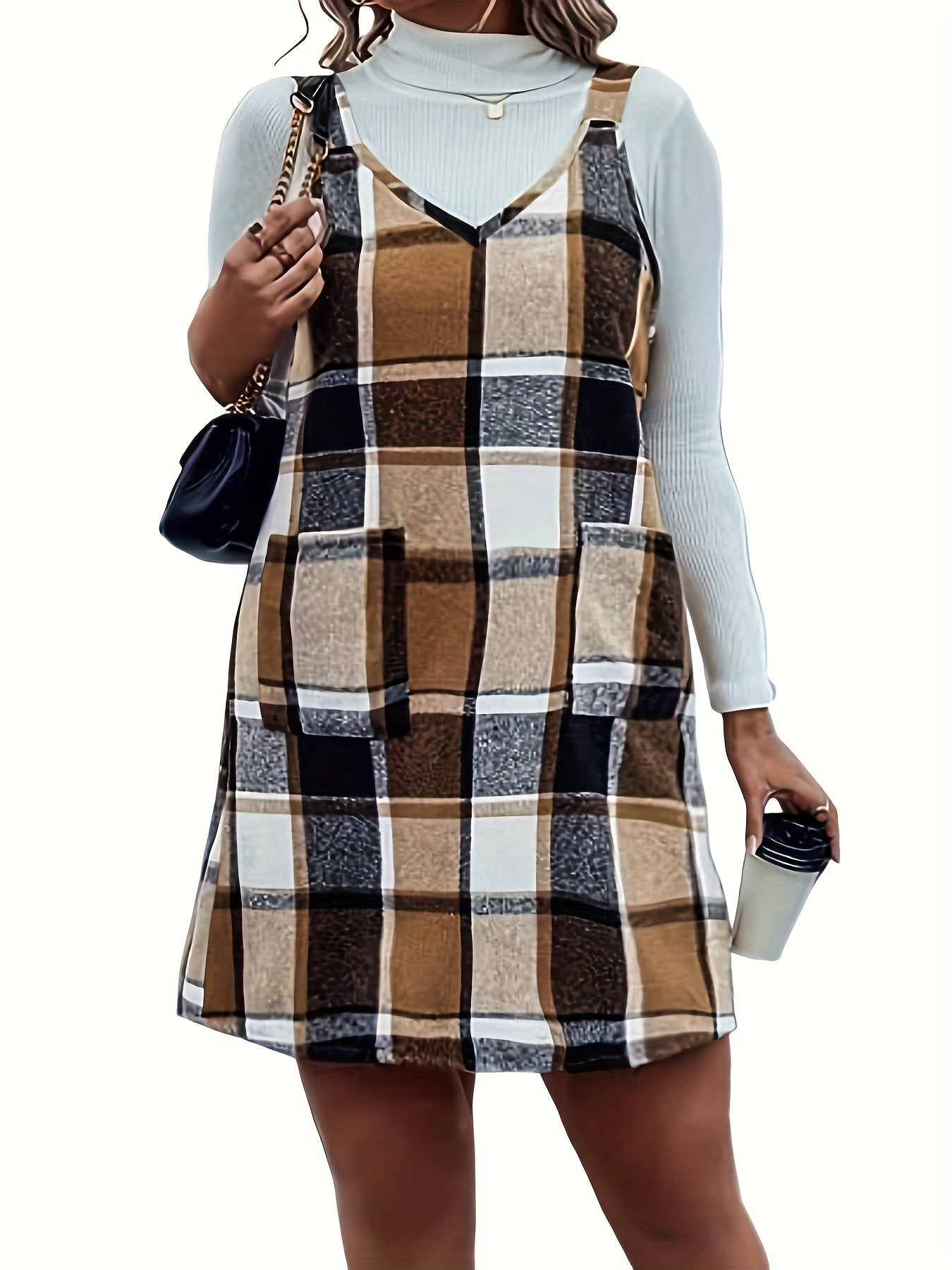 Plaid Print V Neck Cami Overall Dress With Pockets