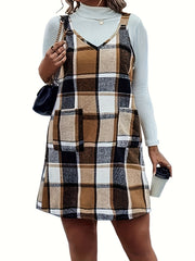 Plaid Print V Neck Cami Overall Dress With Pockets