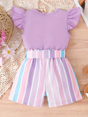 Toddler Girls Ruffle Trim T Shirts & Striped Shorts Set