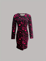 Heart Print Bodycon Dress Crew Neck Long Sleeve Women's Clothing