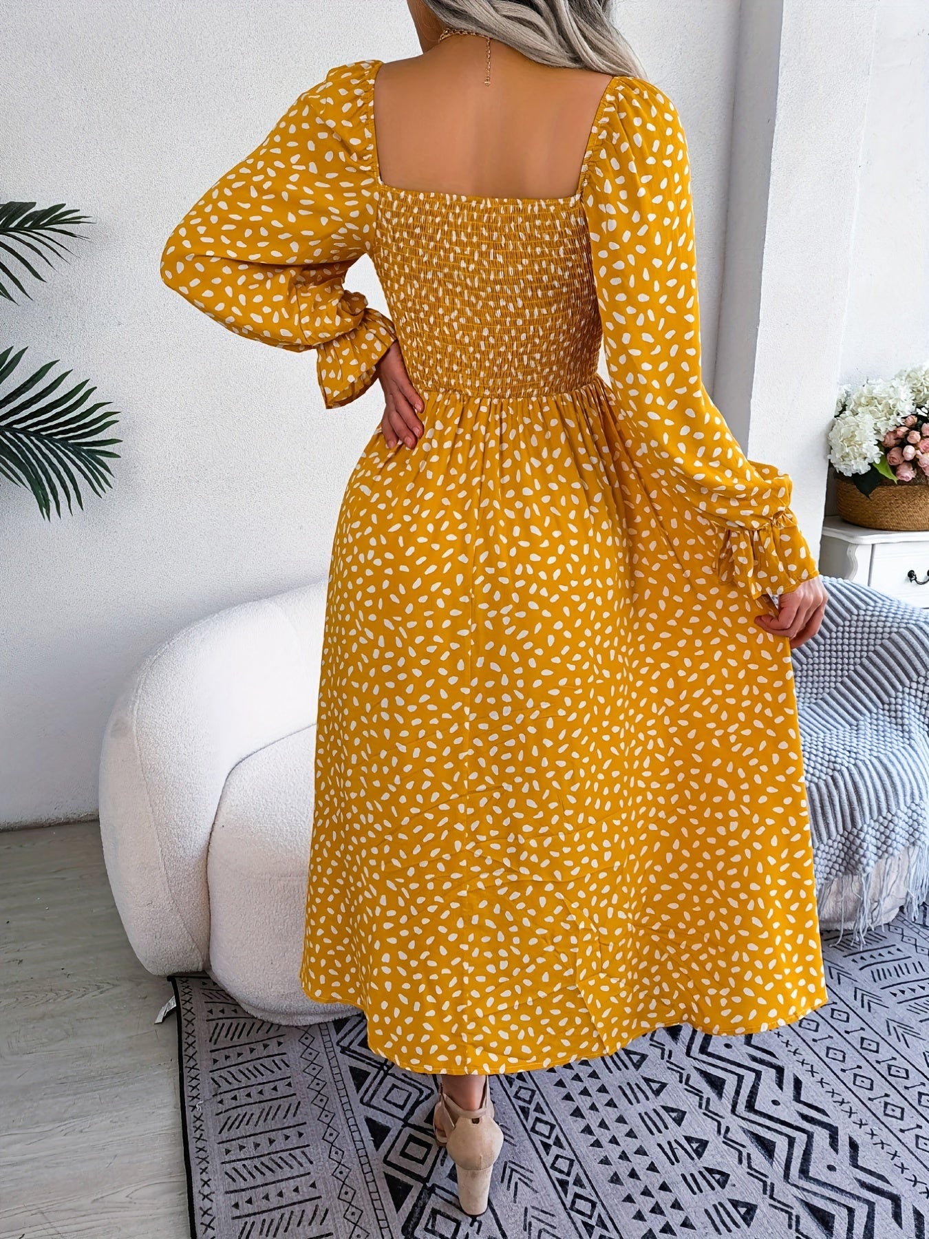 Floral Print Squared Neck Maxi Dress Puff Sleeve Slim Waist Ruched