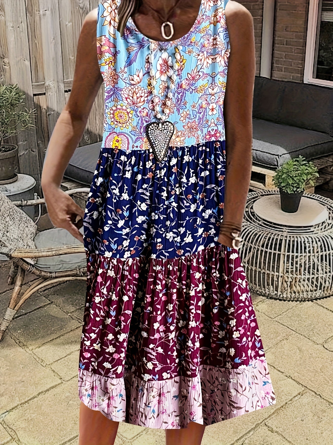 Colorblock Floral Print Midi Tank Dress