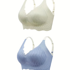 2pcs Lace Wireless Bras Soft & Comfy Scallop Trim Anti sagging Bra
