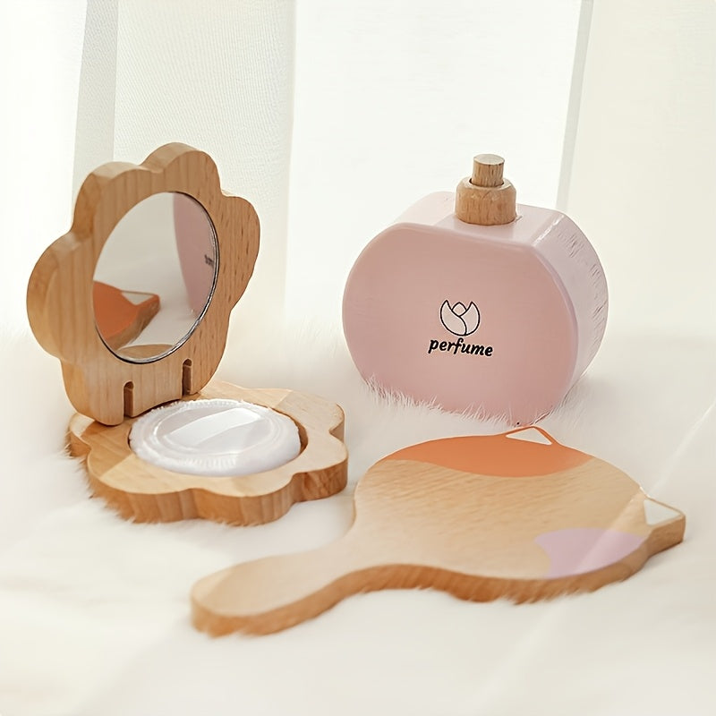 Girls' Wooden Makeup Set with Mirror Comb Lipstick Eyeshadow Powder Toy Gift