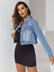 Ripped Holes Denim Jacket Long Sleeves Cropped Coat