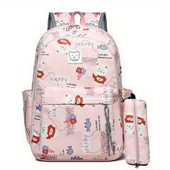 Bear Print Large Capacity Preppy Backpack Pencil Case Pendant Set