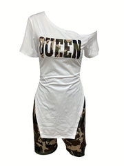 Patchwork Casual Two piece Set Letter Print Slanted Shoulder T shirt & Slim Shor
