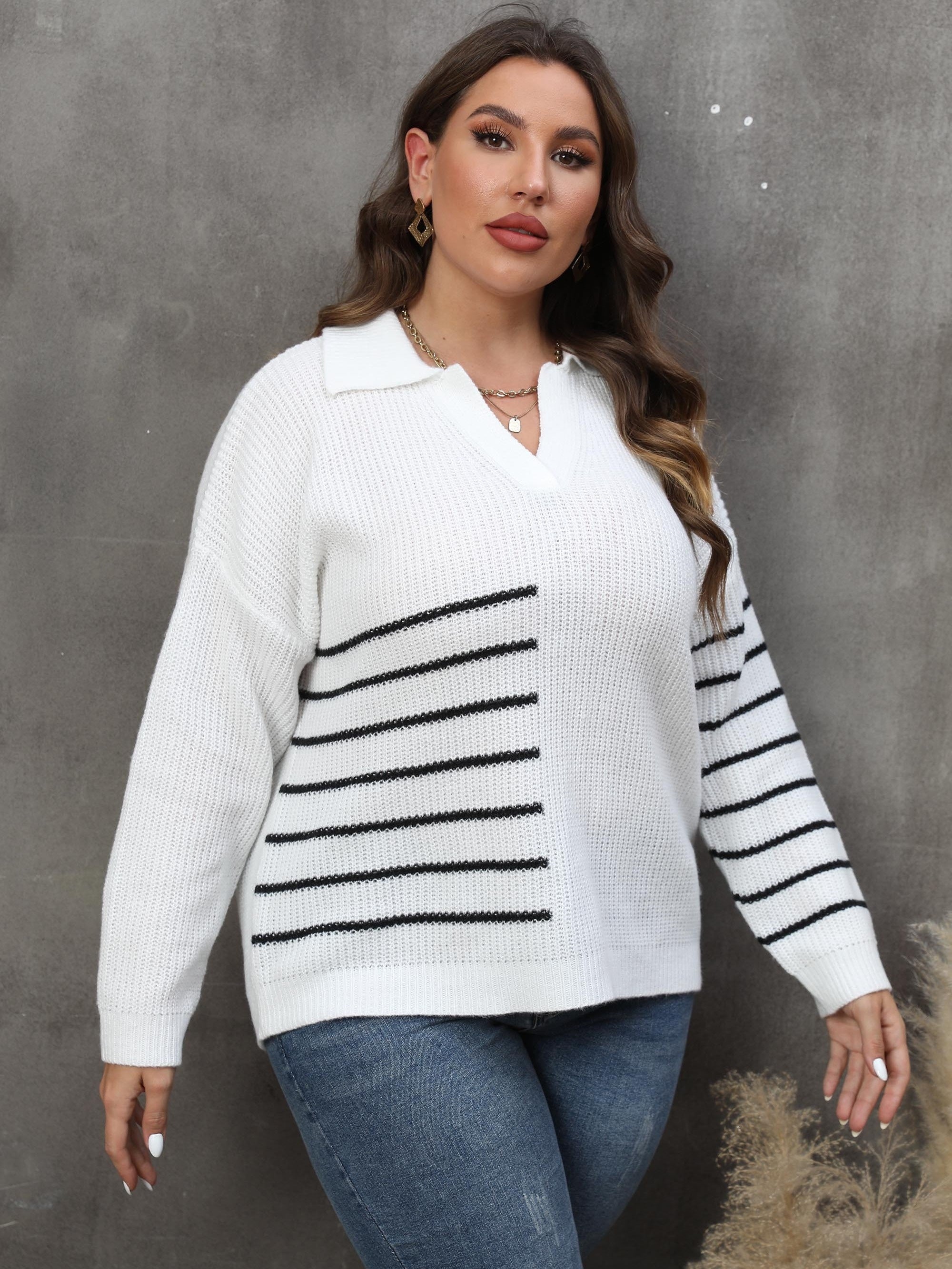 Stripe Print Long Sleeve Polo Neck Pullover Jumper