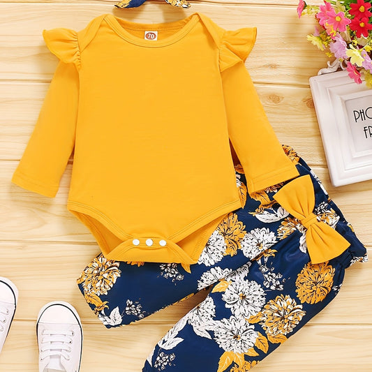 2pcs Baby Girl Ruffle Romper Floral Pants Set Newborn Outfit