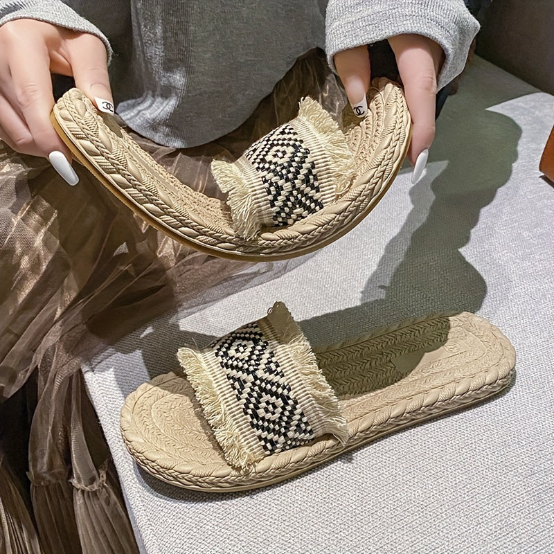 Women's Argyle Pattern Straw Slippers Sandals Open Toe Comfy Flat Slides