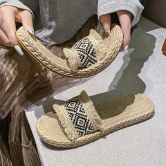 Women's Argyle Pattern Straw Slippers Sandals Open Toe Comfy Flat Slides