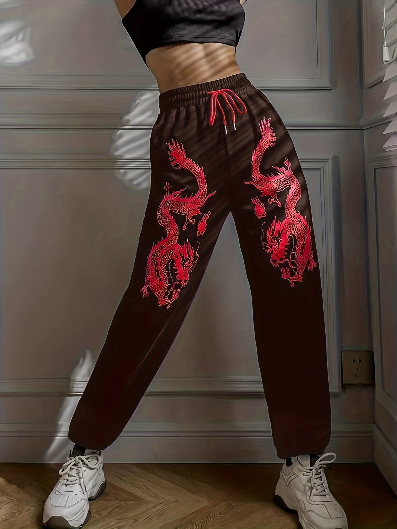Dragon Print Drawstring Waist Sweatpants for Women