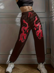 Dragon Print Drawstring Waist Sweatpants for Women